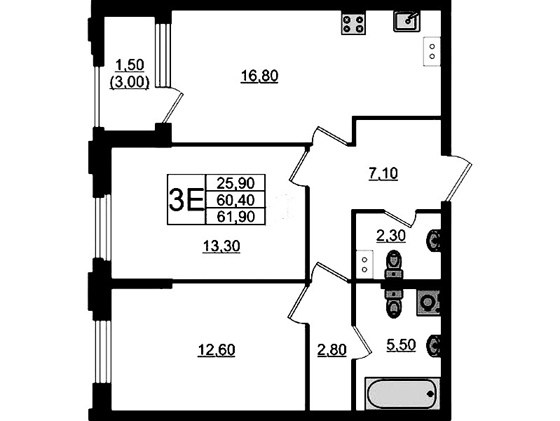 2-комнатная квартира 61.9 м², 9/13 эт., ЖК «Тайм Сквер»